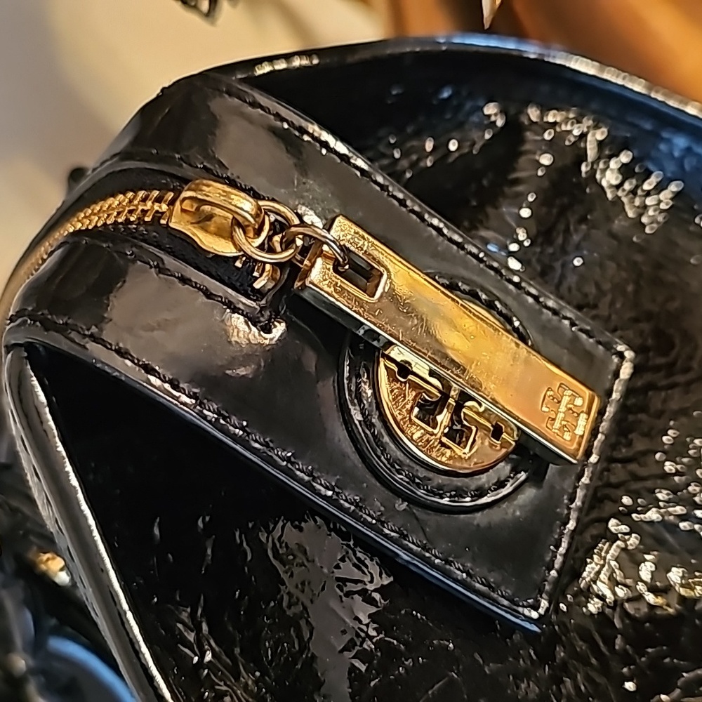 Tory Burch Black Patent Leather Studded Satchel with Gold Hardware - Picture 7 of 13